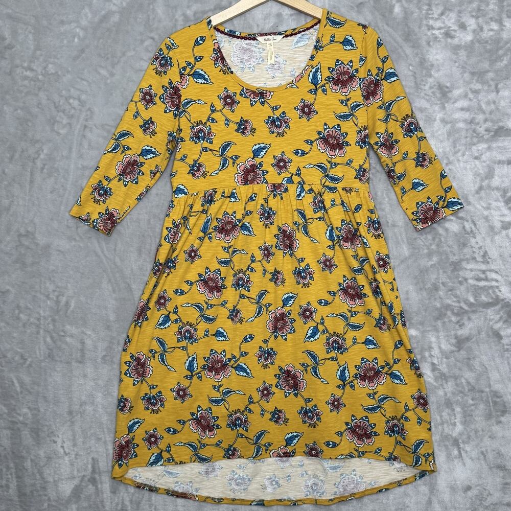 Matilda Jane Dress Womens Medium Yellow Floral 3/4 Sleeve High Low Boho Pockets
